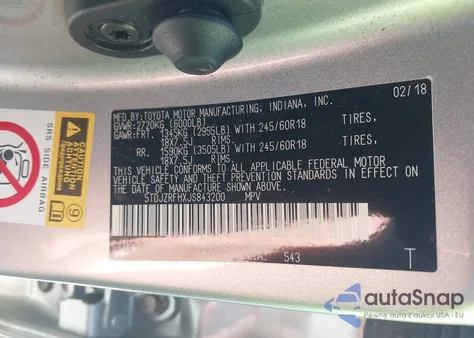 2018 Toyota Highlander Xle z USA, uszkodzony, nr VIN 5TDJZRFHXJS843200